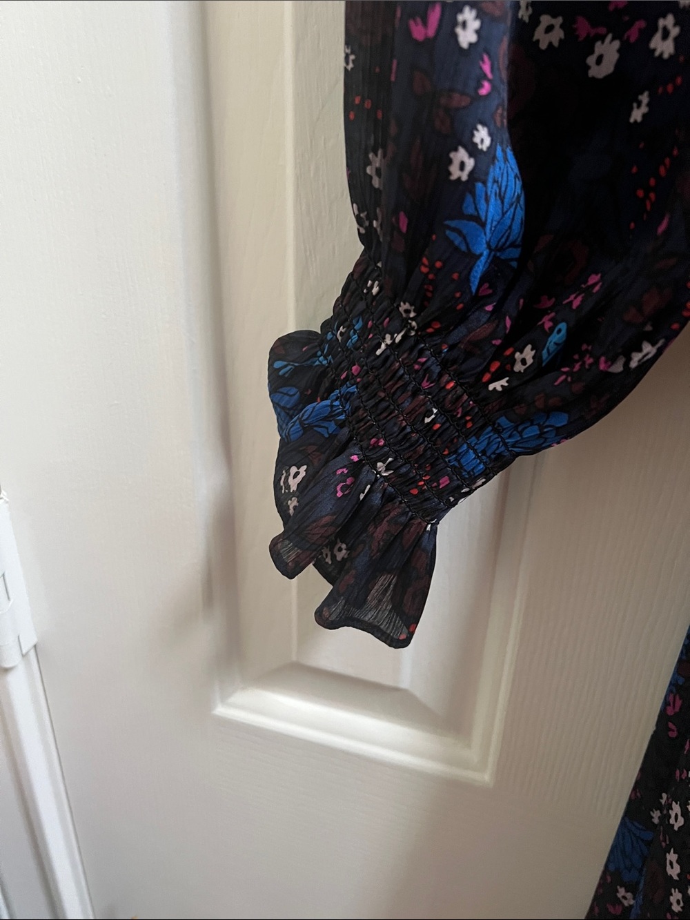 ME+EM floral Print blue hummingbird Ruched Sleeve belted Maxi Dress Size 6 - Picture 4 of 7